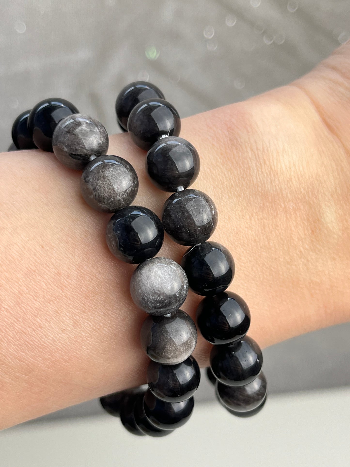 Sølv Obsidian armbånd 10mm+