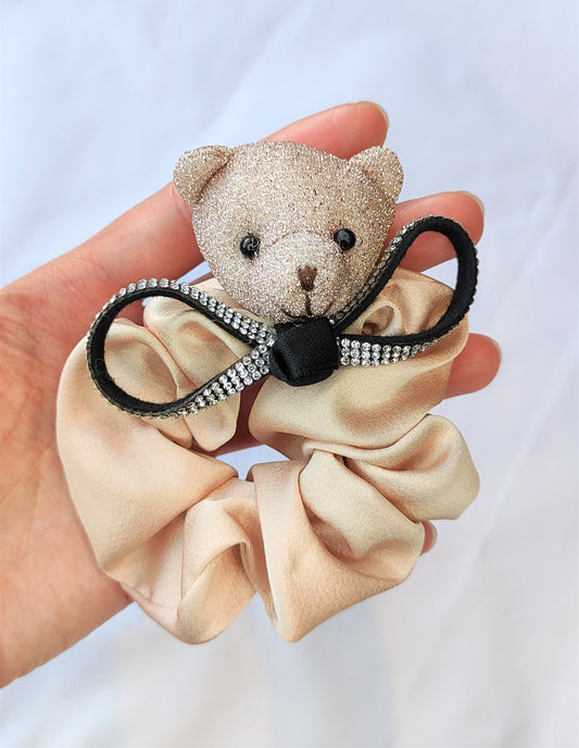 Scrunchie med bamse- Beige